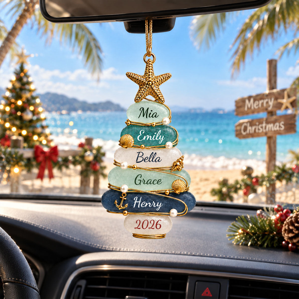 Custom Sea Glass Tree 2026 Ornament, Personalized Coastal Family Christmas Gift