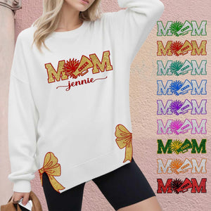 Custom Cheer Mom Side Bow Cut-Out Sweatshirt With Glitter, Trendy Coquette Bow, Cheer Mom Sweatshirt Cheer Gift Glitter Cheerleader Coquette