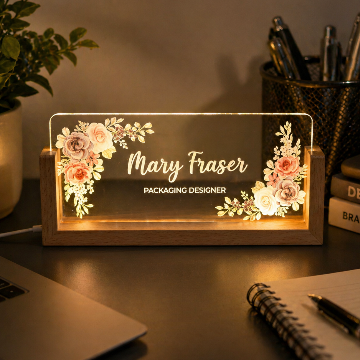 Personalized Desk Name Plate With Wooden Base, Lighted LED Light Nameplate, Desk Accessories, Office Gifts for Boss Coworkers, New Job Gifts