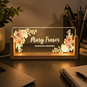 Personalized Desk Name Plate With Wooden Base, Lighted LED Light Nameplate, Desk Accessories, Office Gifts for Boss Coworkers, New Job Gifts