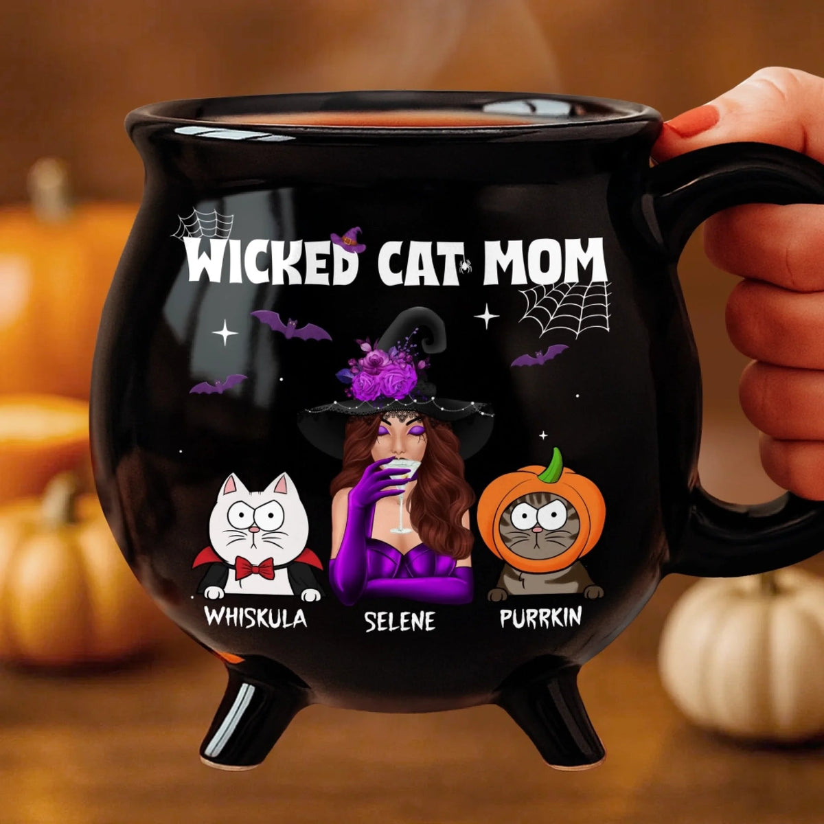 Wicked Cat Mom - Personalized Halloween Black Ceramic Witch Mug - Gift For Cat Mom, Halloween Gift For Cat Lovers