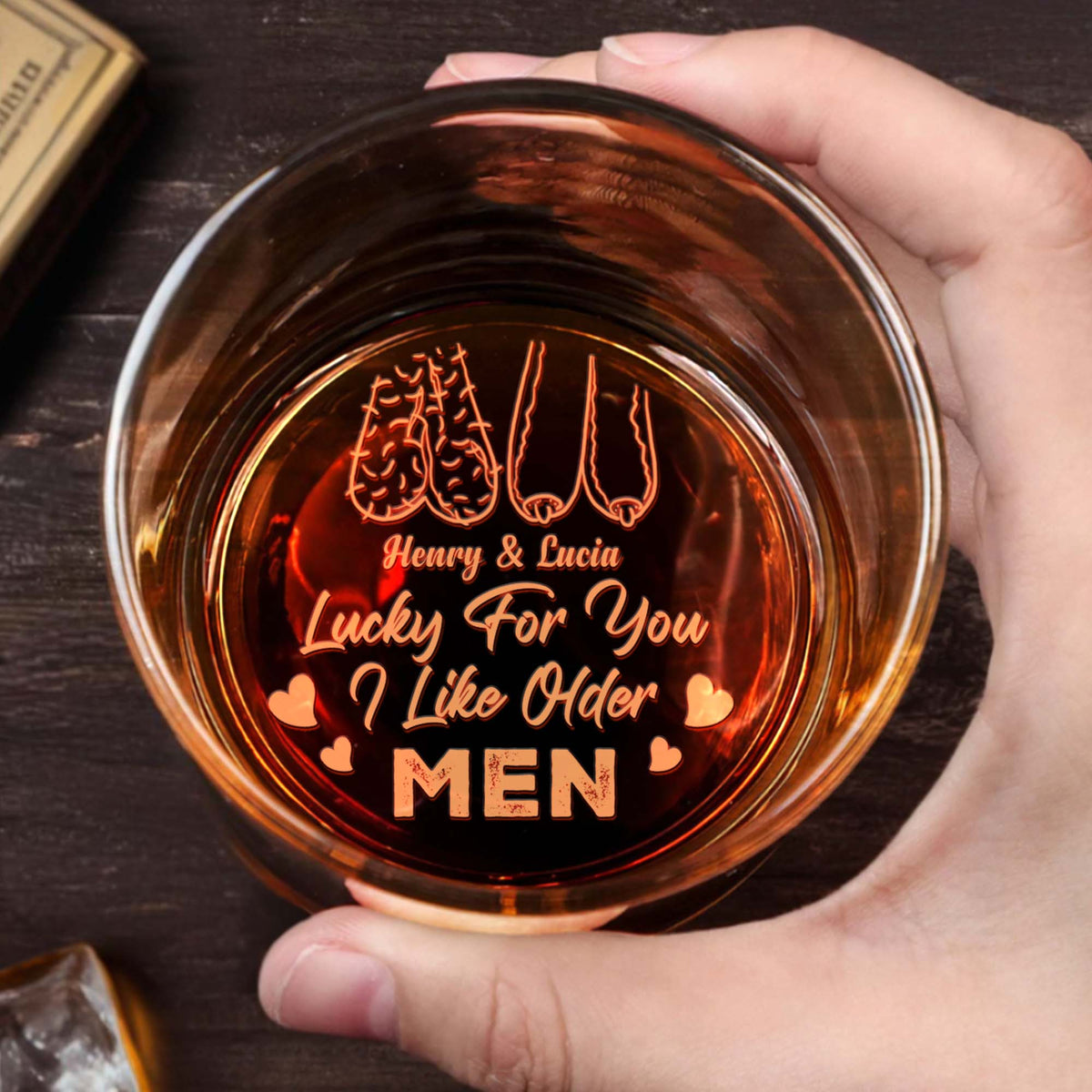 Lucky For You I Like Older Men, Personalized Engraved Whiskey Glass, Gift For Couples