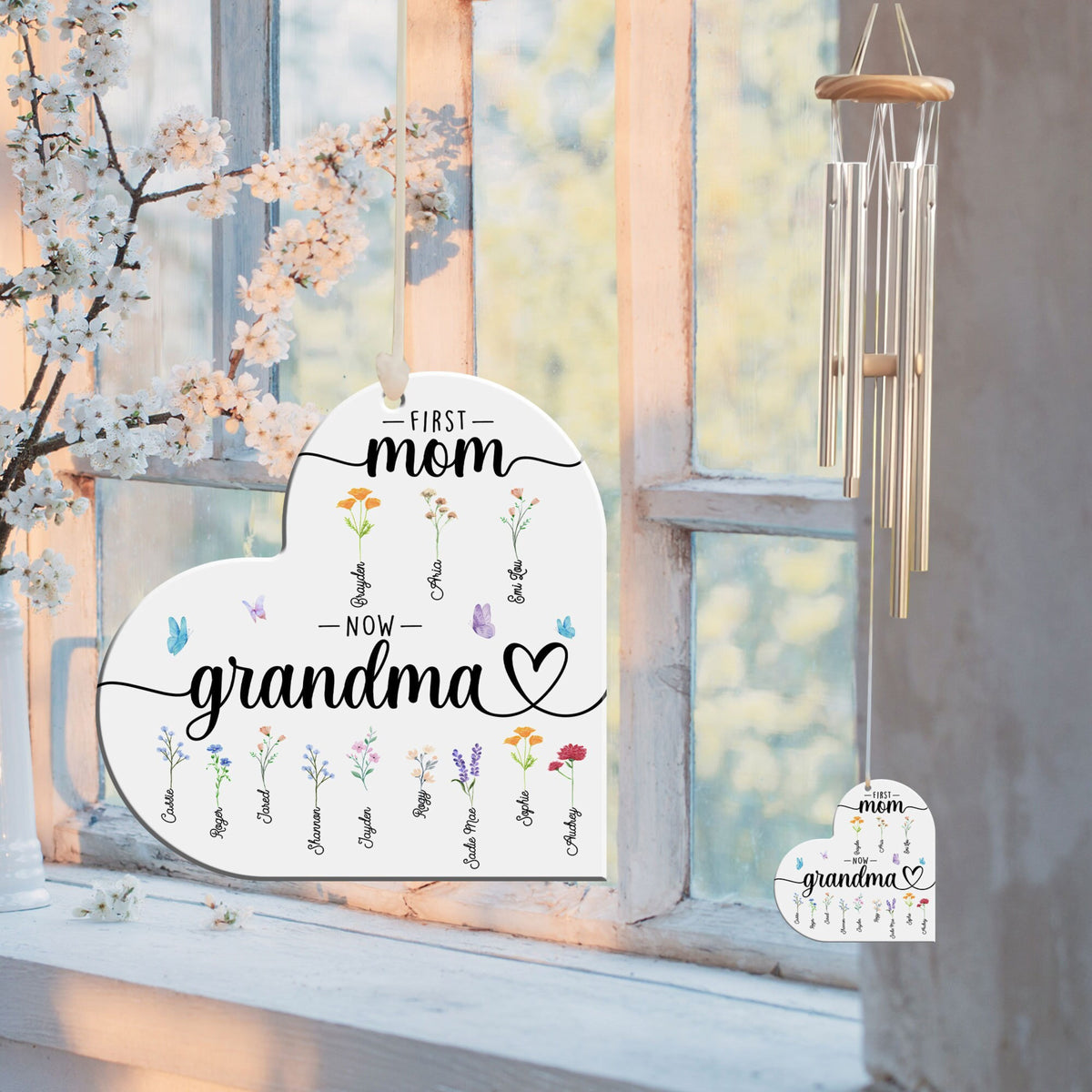 First Mom Now Grandma Custom Birth Month Flower - Personalized Windchime - Gift For Grandma, Mother's Day, Birthday Gift