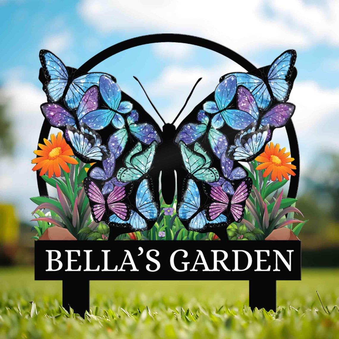 Personalized Butterfly Garden Metal Sign With Stakes, Custom Garden Flower Sign, Housewarming Gift, Garden Name Sign
