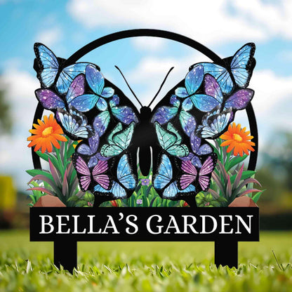 Personalized Butterfly Garden Metal Sign With Stakes, Custom Garden Flower Sign, Housewarming Gift, Garden Name Sign