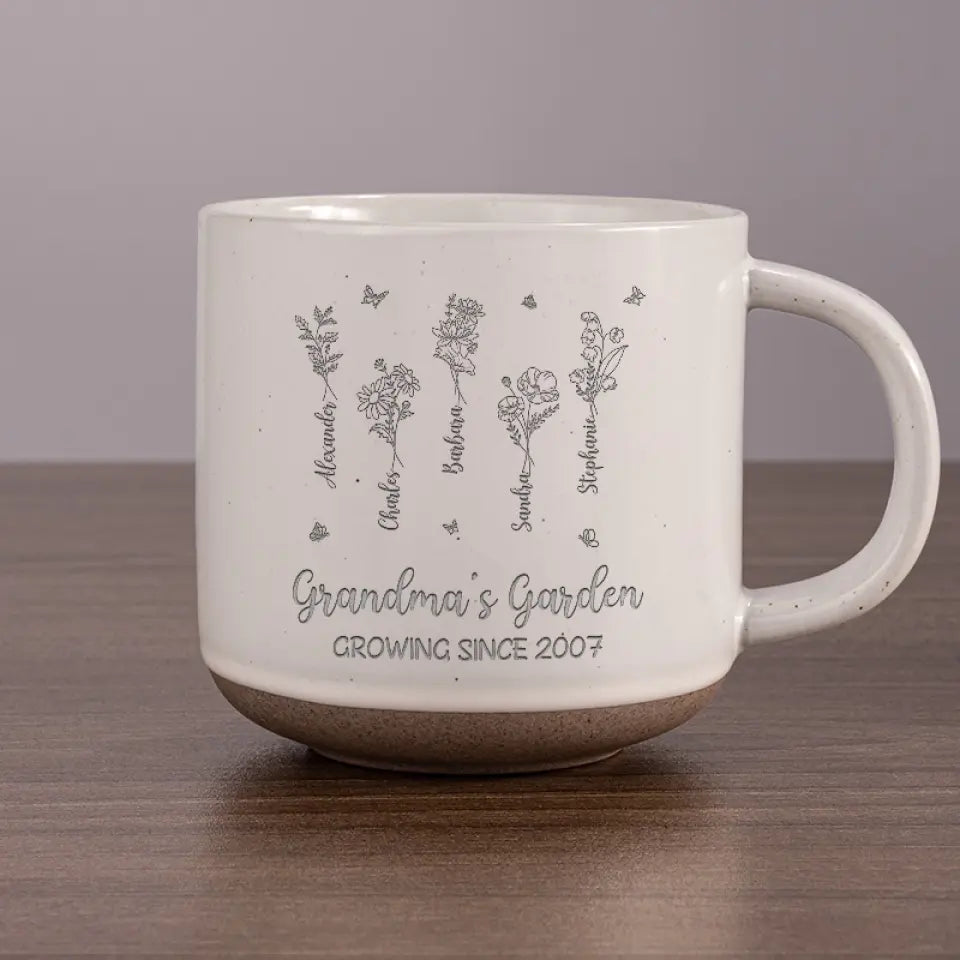 Love Grows Here - Personalized Engraved Pottery Mug - Gift For Mom, Grandma, Mother's Day, Birthday Gift