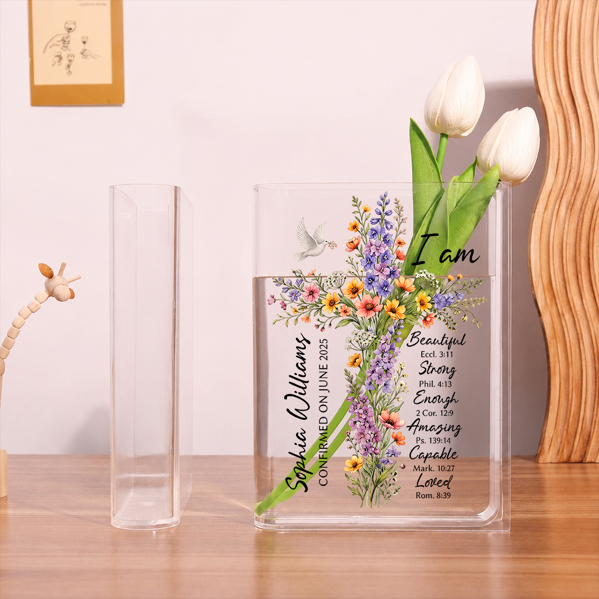 Floral Cross Journal With Custom Name Clear Acrylic Book Vase for Flowers, Transparent Flower Vase for Home Decor