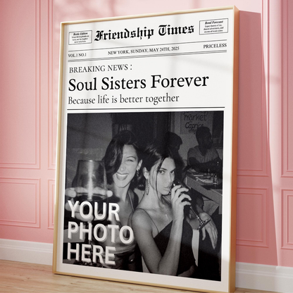 Custom Newspaper Print, Personalized Best Friends Wall Art, Retro Bestie Birthday Gift, Friendship Gift, Roommate Decor, Girl Dorm Decor