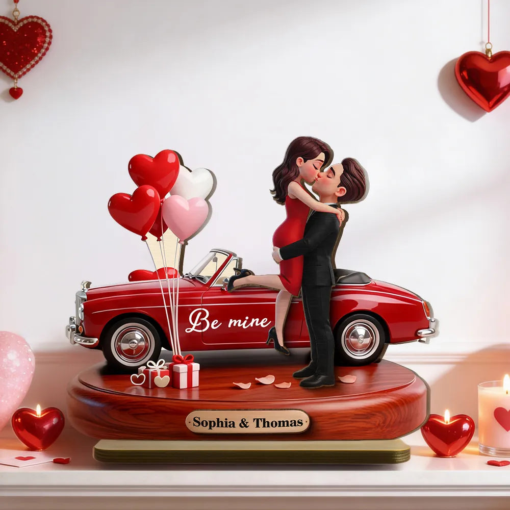 3D Kissing Couple Red Car Valentine's Day - Personalized Wooden Plaque With Flat Base - Anniversary Gift For Couple