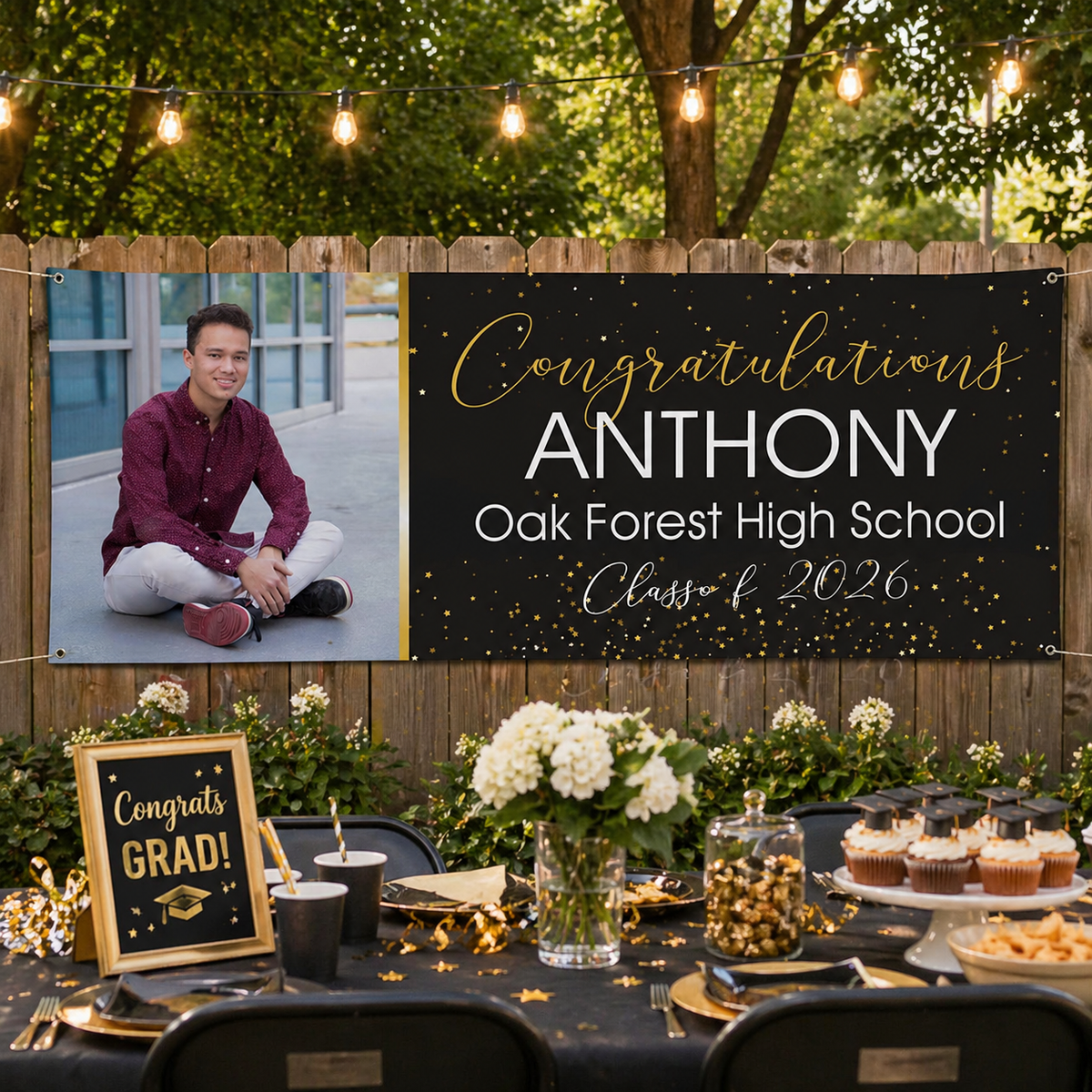 Personalized Graduation Banner with Photo, Black & Gold Congrats Graduate Yard Sign, Custom Name & School Class of 2026 Party Decor