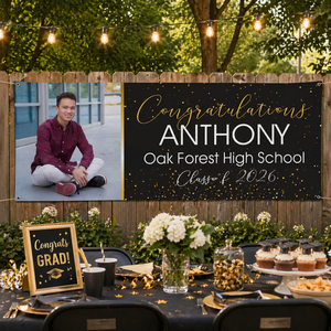 Personalized Graduation Banner with Photo, Black & Gold Congrats Graduate Yard Sign, Custom Name & School Class of 2026 Party Decor