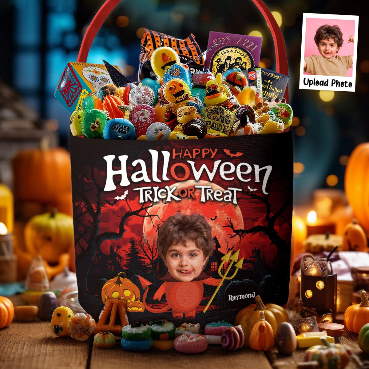 Happy Halloween Trick Or Treat Custom Kid's Face - Personalized Halloween Fabric Basket - Halloween Gift For Kids