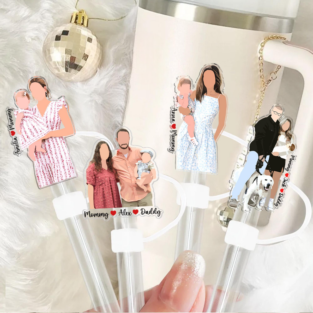 Personalized Gift For Mom, Custom Family Photo Portrait Straw Topper, Mom And Kids Photo Straw Cover