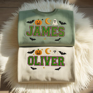 Personalized Kids Halloween Sweatshirt, Embroidered Name Pumpkin Ghost Fall Shirt, Custom Halloween Crewneck