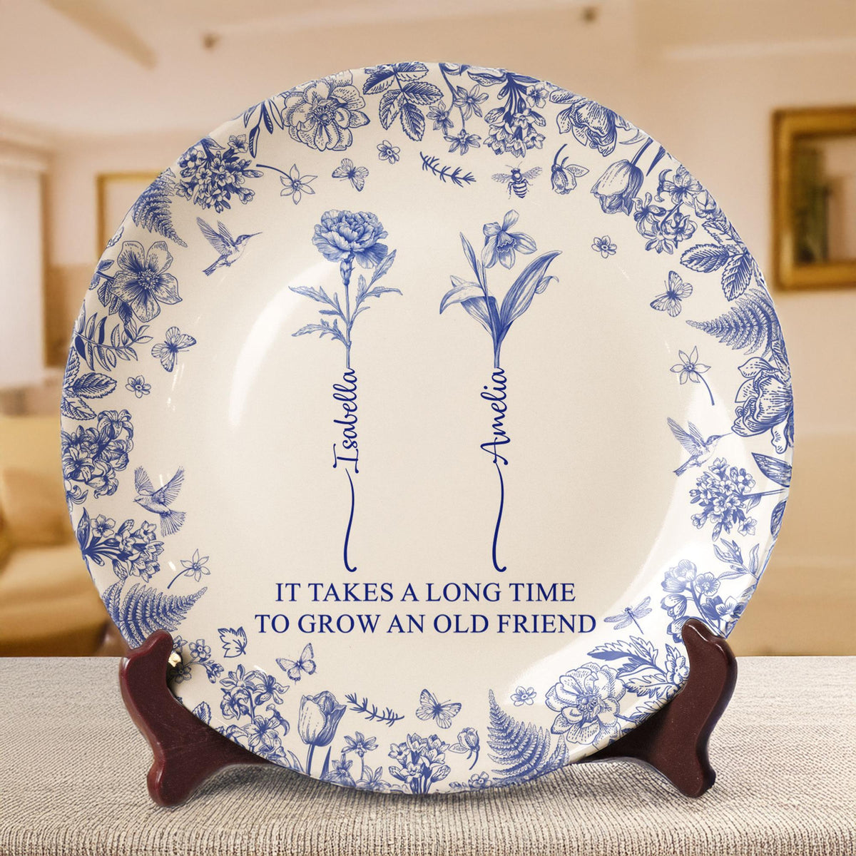 It Takes A Long Time To Grow An Old Friend, Custom Birth Flower Toile De Jouy, Personalized Ceramic Plate, Custom Gift for Best Friend