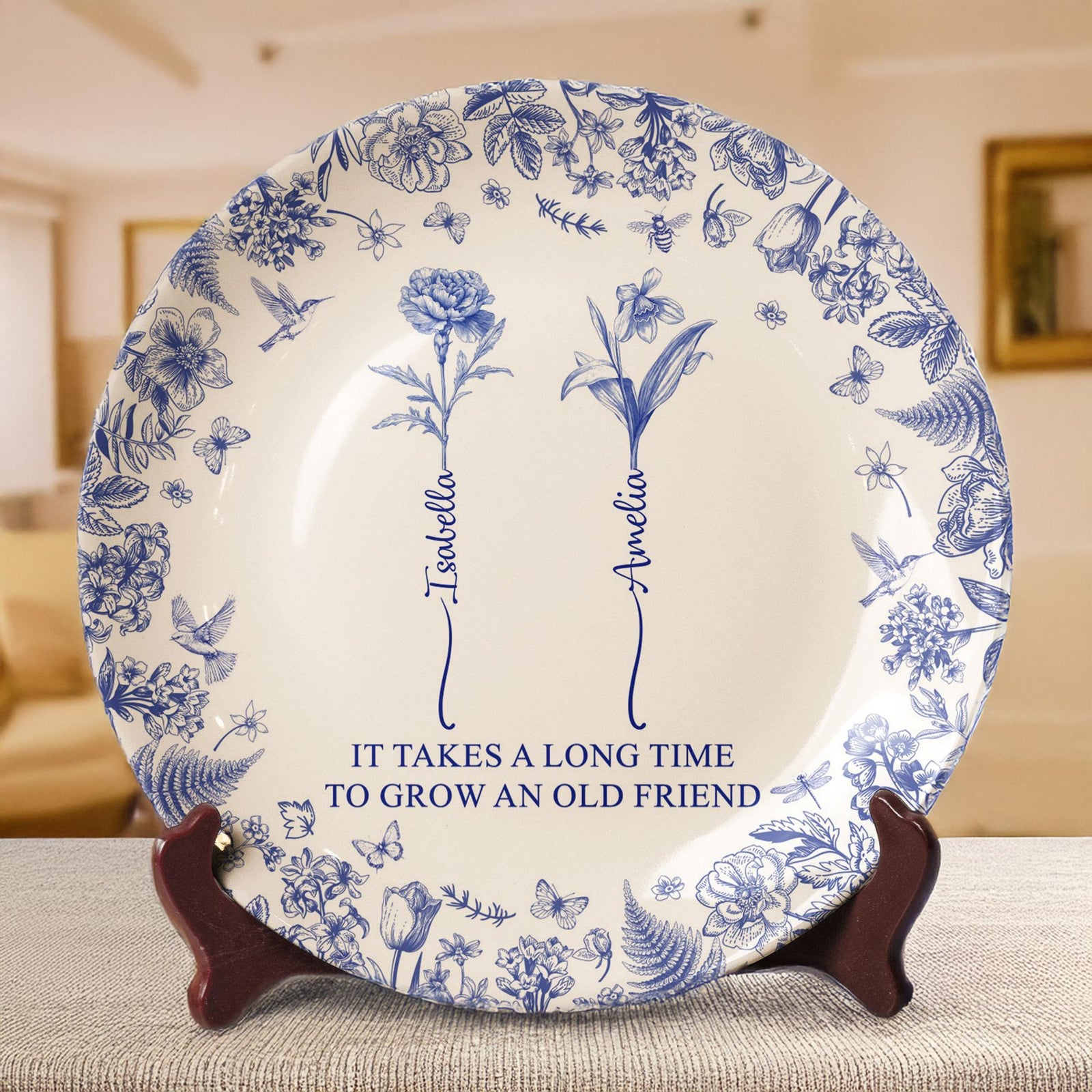 It Takes A Long Time To Grow An Old Friend, Custom Birth Flower Toile De Jouy, Personalized Ceramic Plate, Custom Gift for Best Friend