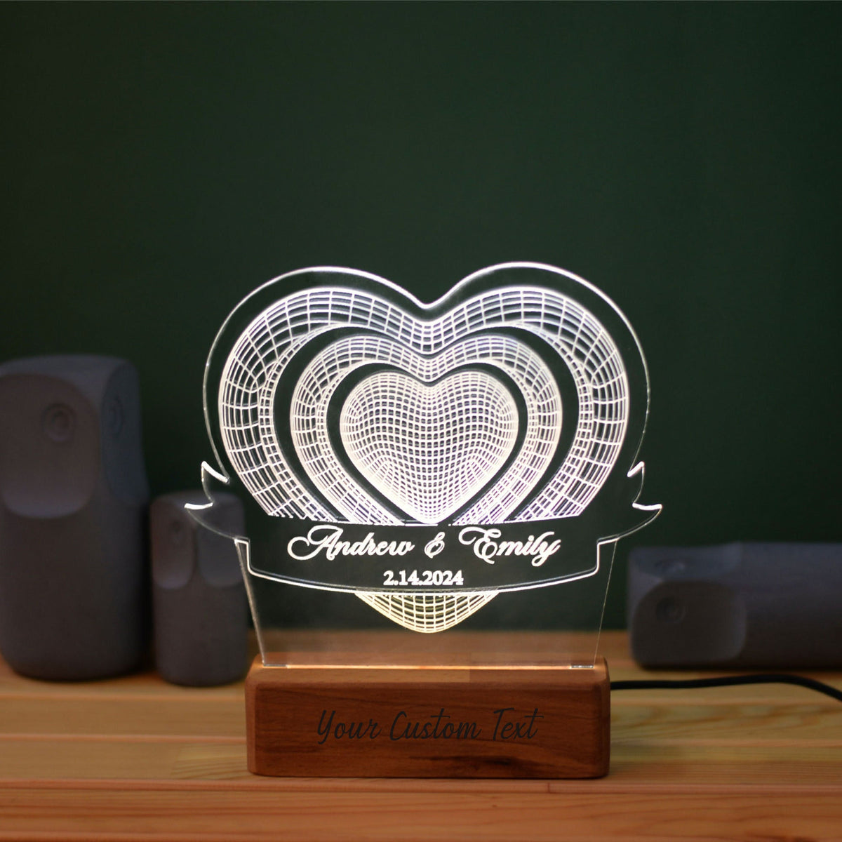 Acrylic 3D Triple Heart Led Night Light, Personalized LED Light Wooden Base, Special Memory Sentimental Valentines Day Couple Keepsake