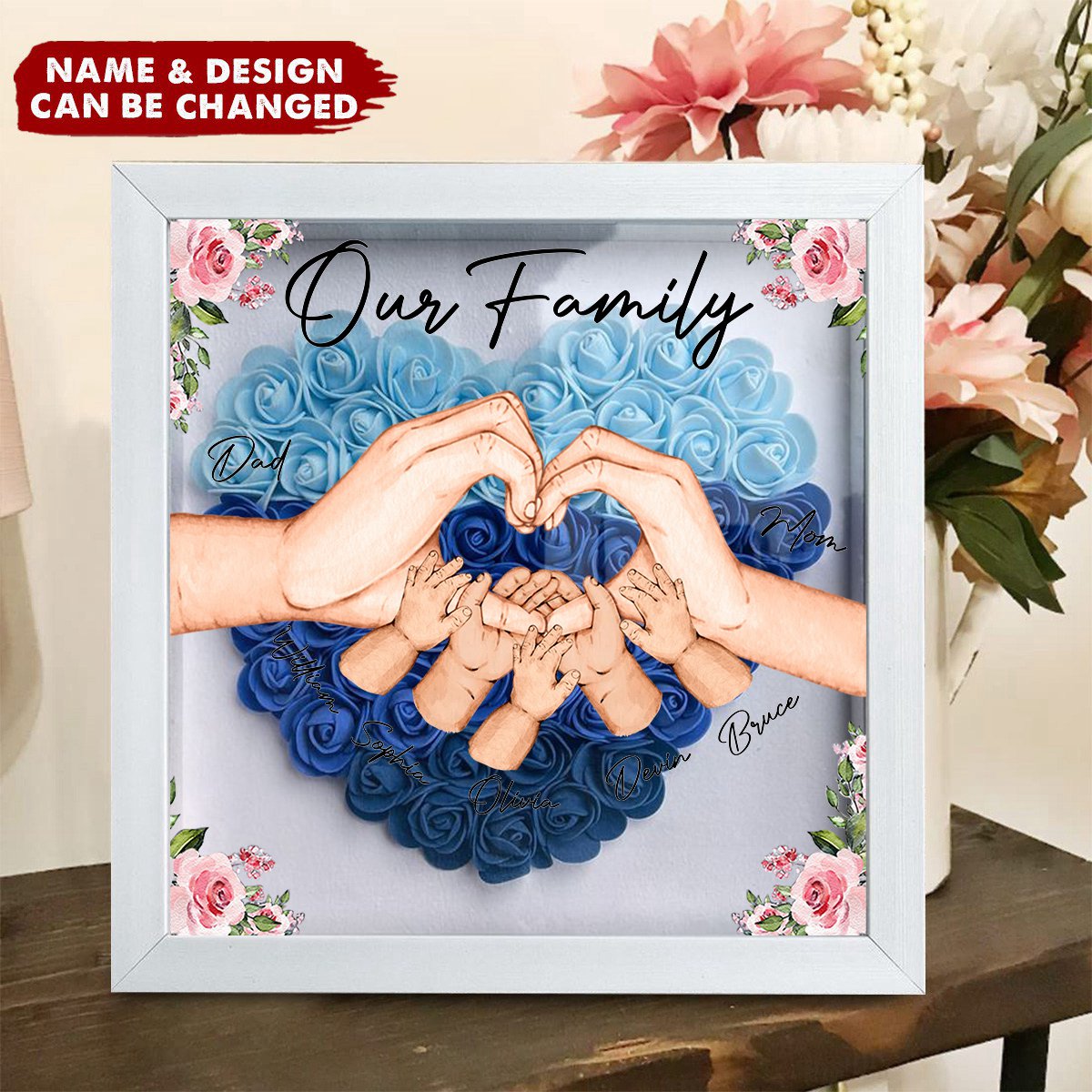 Our Family Holding Hands - Custom Flower Frame Box - Gift For Family, Mother's Day, Birthday Gift