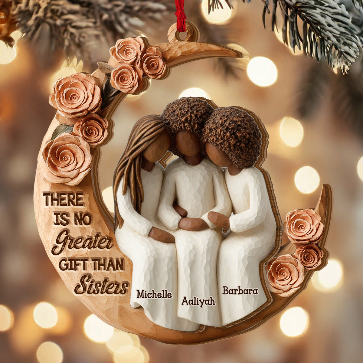 Black Sistas Roses Moon - Personalized Layered Wooden Ornament - Christmas Gift For Sisters, Friends