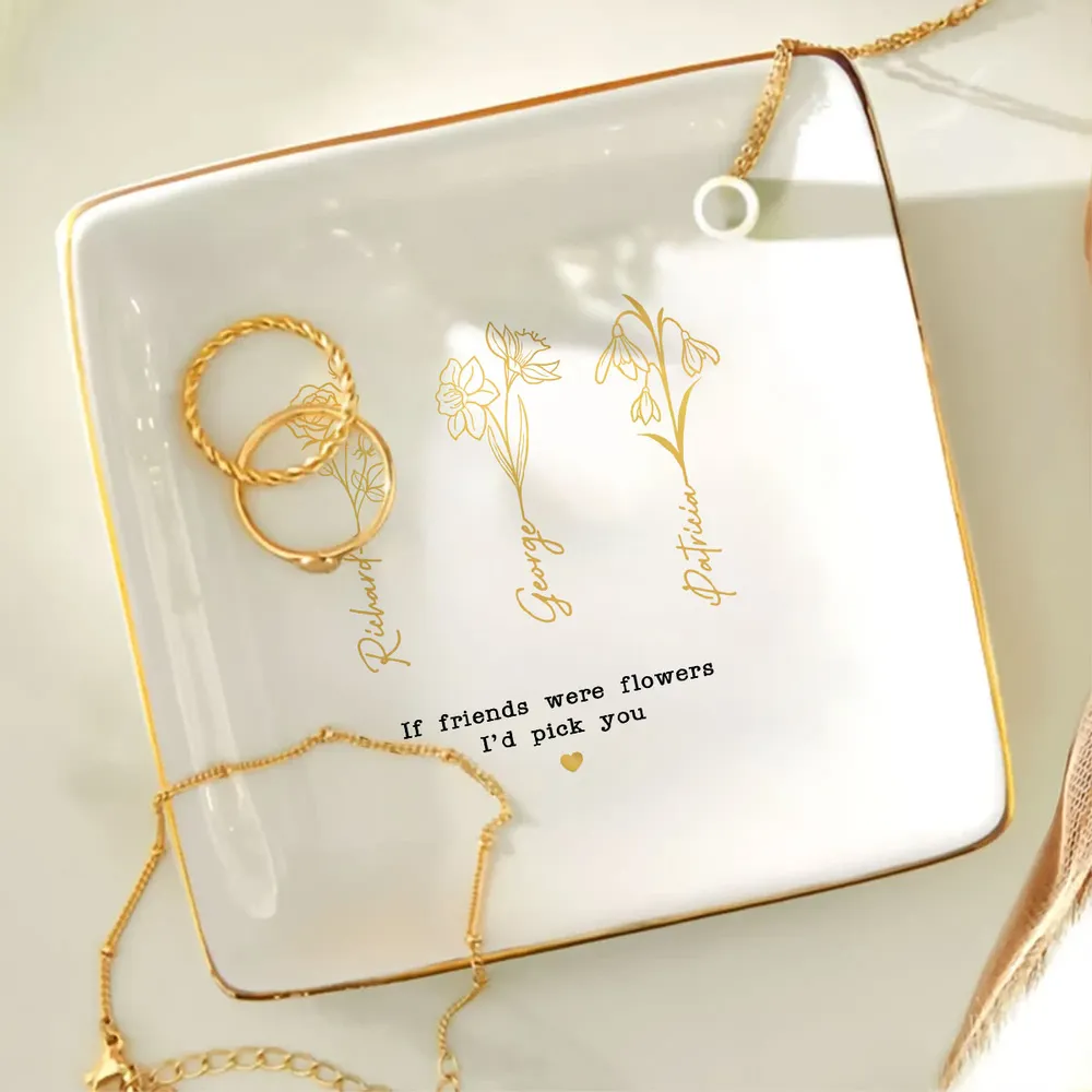 Friends Sisters Besties Birth Month Flowers - Personalized Jewelry Plate - Gift For Friends Sisters Besties