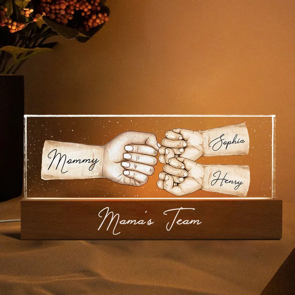 Mama's Team Fist Bump - Personalized 3D LED Light Wooden Base - Gift For Her, Gift For Mom, Mother's Day, Birthday Gift