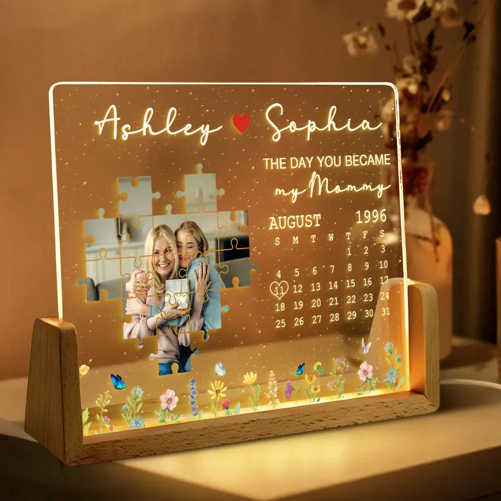 The Day You Became My Mom Upload Photo Puzzle Calendar - Personalized Desk Name Plate - Gift For Mom, Mother's Day, Birthday Gift