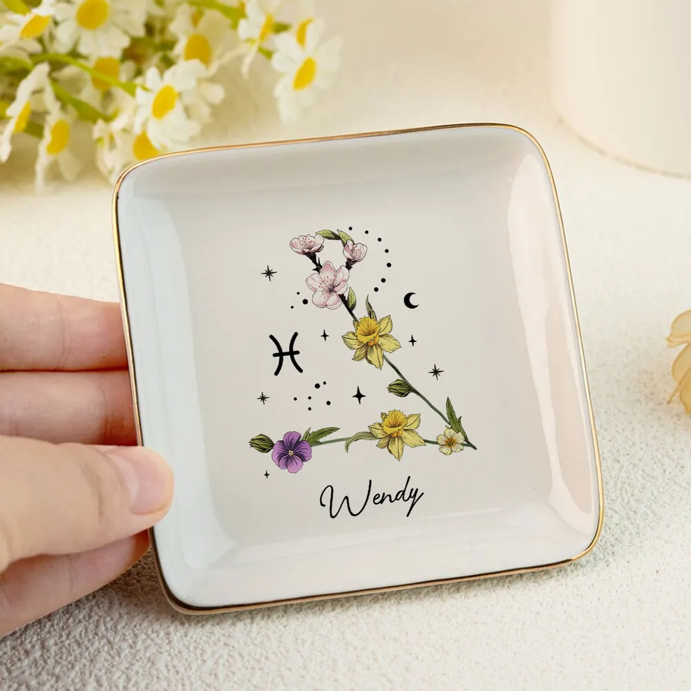 Zodiac Sign Birth Month Flower - Personalized Jewelry Plate - Gift For Mother, Daughter, Sister, Family