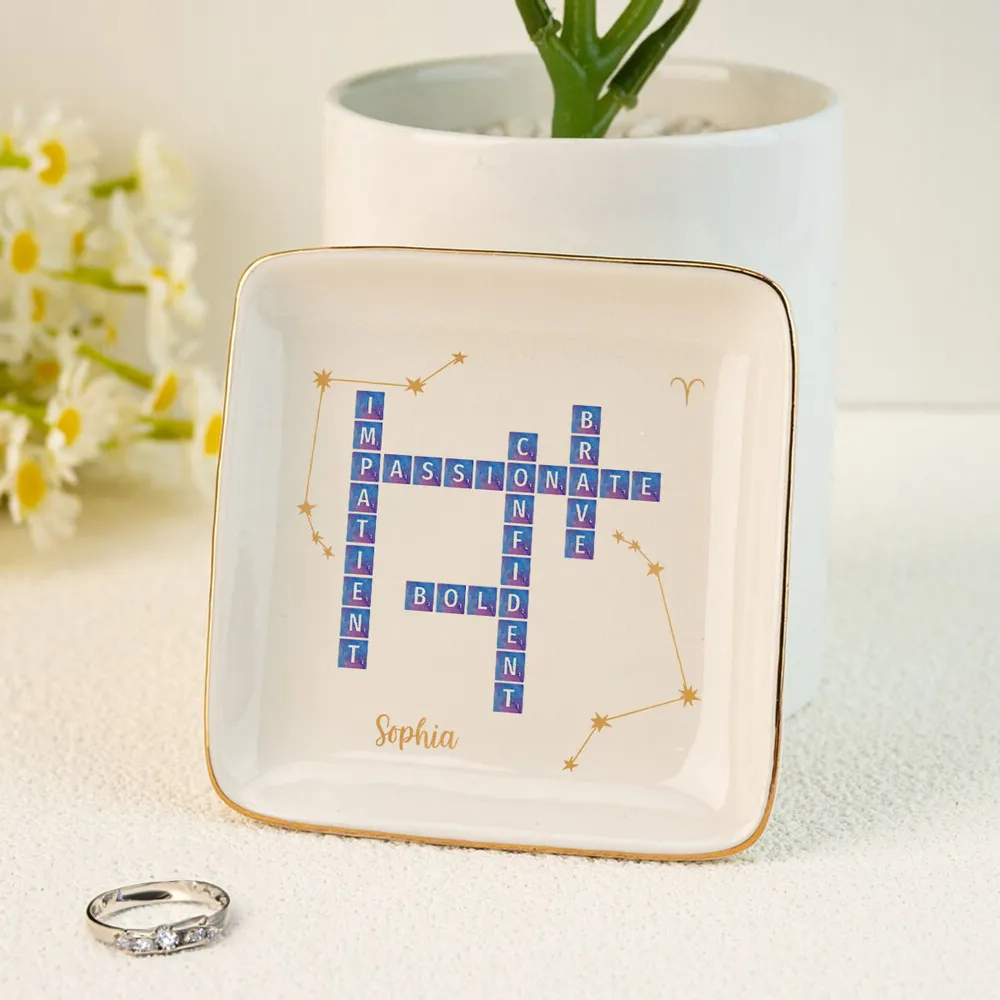 Character Qualities Crossword With Zodiac Sign - Personalized Jewelry Plate - Gift For Mother