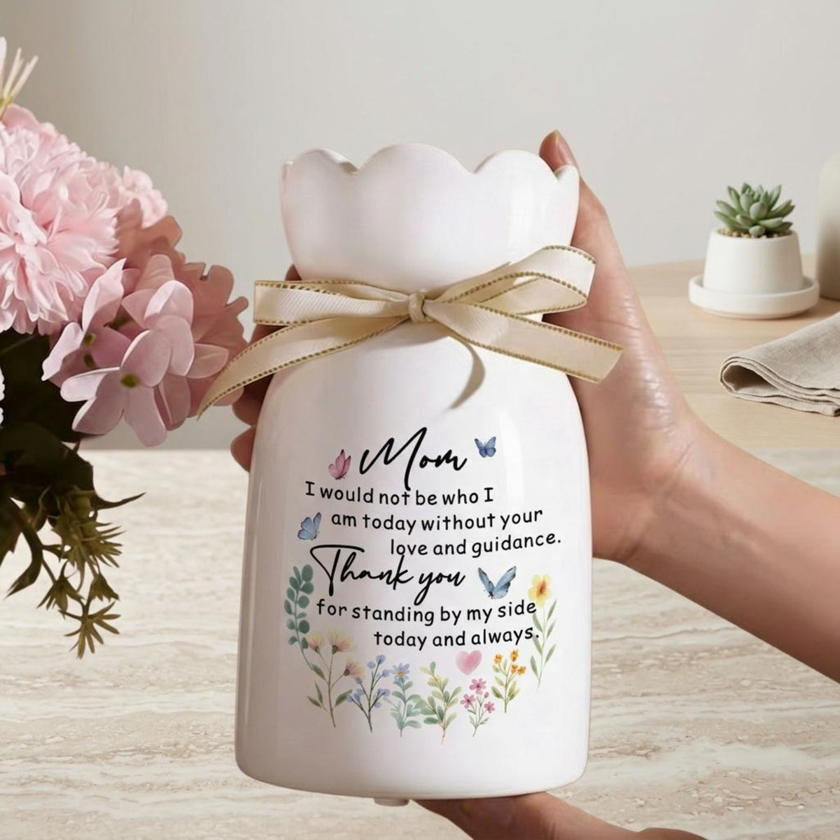 Floral Ceramic Vase with Mom Quote, Decorative Flower Vase, Gift for Mother's Day