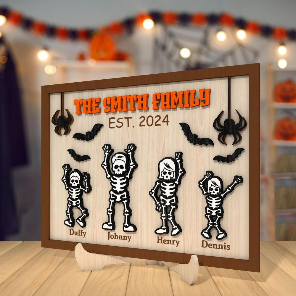 Personalized Halloween Skeleton Family Sign,Custom Name Wood Sign