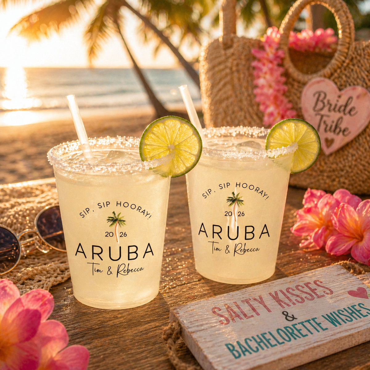 Personalized Palm Tree Party Cups, Custom Tropical Bachelorette Destination Cups