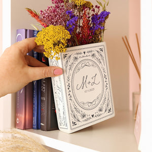 Custom Couple Initials Vase, Personalized Book Vase, Bookshelf Decor, Reading Room Flower Pot, Ceramic Book Flower Vase, Toile De Jouy Decor