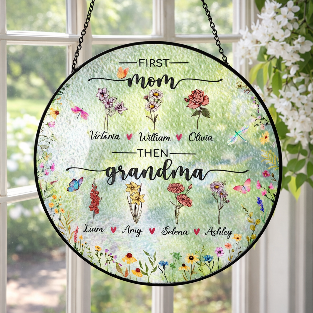 Personalized Birth Flowers Stained Glass Suncatcher, First Mom Now Grandma Garden Gift,Mother's Day Gift For Mom,Grandma Gift From Grandkids