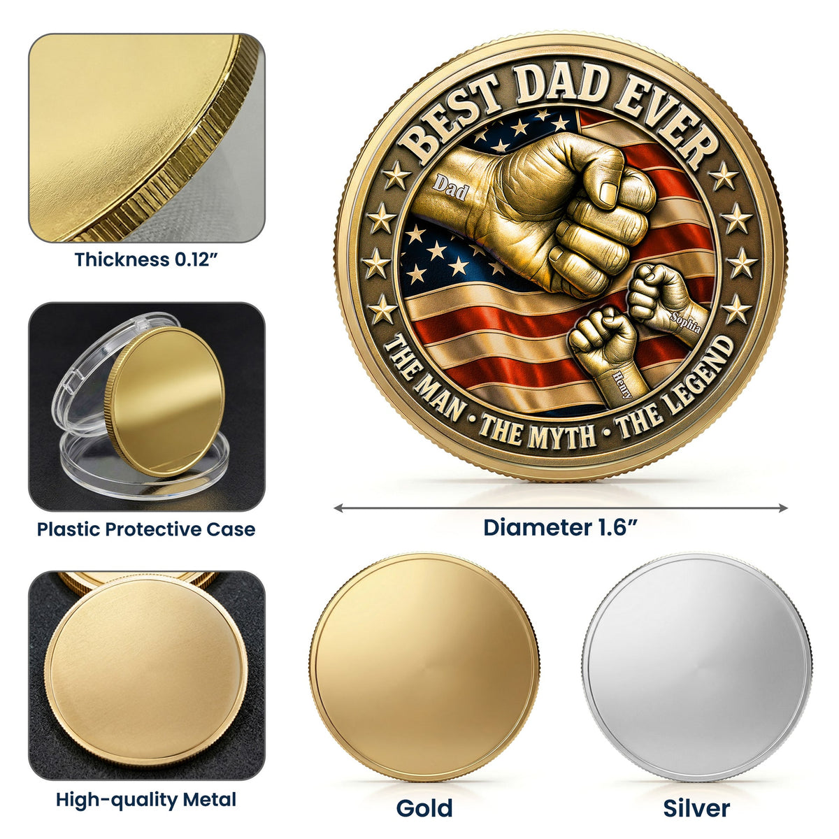 Best Dad Ever Fist Bumps With Kids' Names - Personalized Metal Coin - Gift Dad, Grandpa, Father's Day Gift, Patriotic Gift