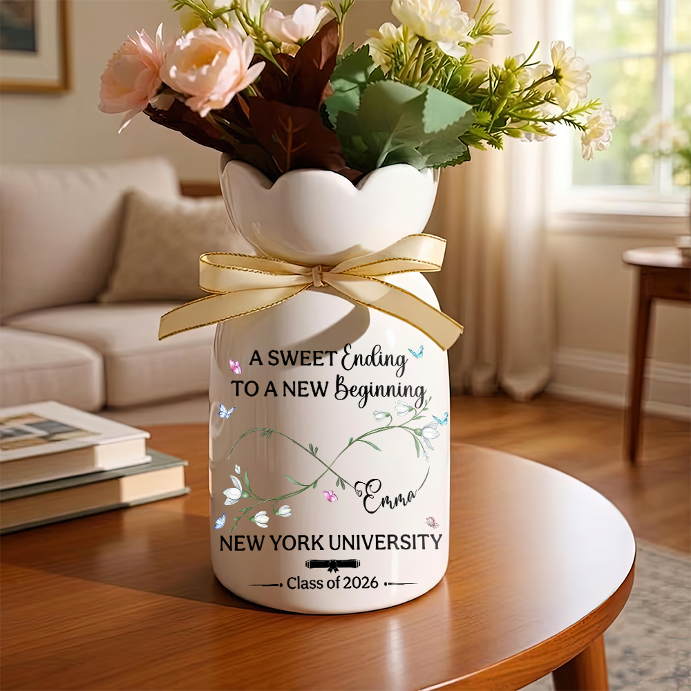 A Sweet Ending To A New Beginning  Class Of 2026 - Personalized Ribbon Tie Flower Vase