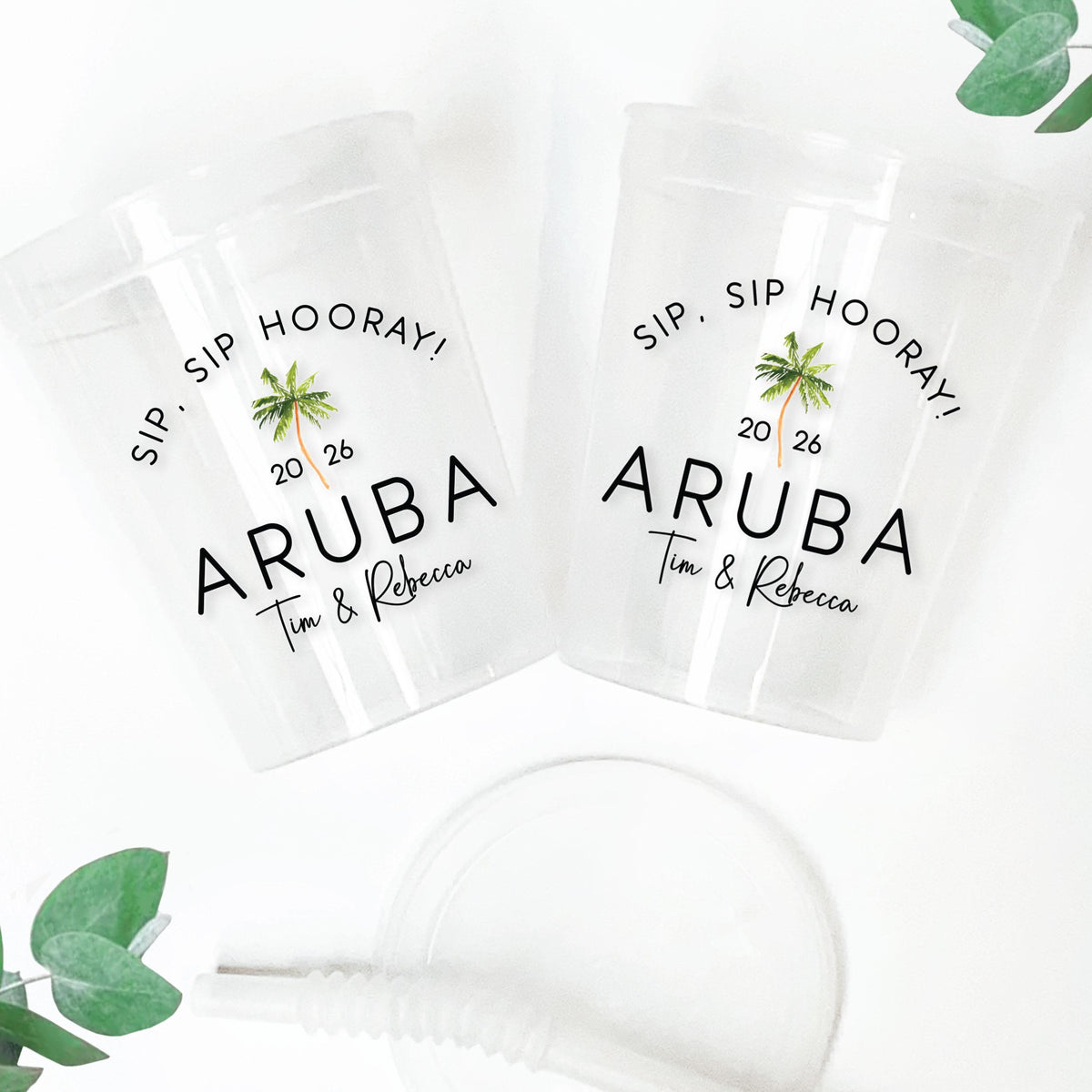 Personalized Palm Tree Party Cups, Custom Tropical Bachelorette Destination Cups