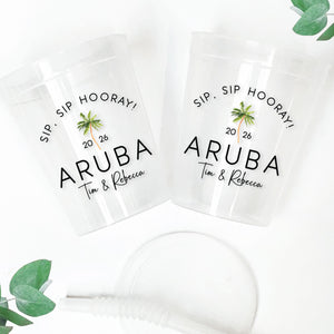 Personalized Palm Tree Party Cups, Custom Tropical Bachelorette Destination Cups