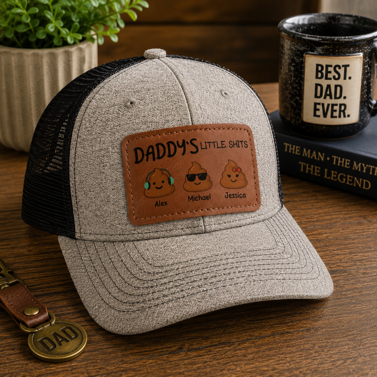 Daddy's Little Turds - Personalized Leather Label Net Hat - Gift For Dad, Father's Day Gift