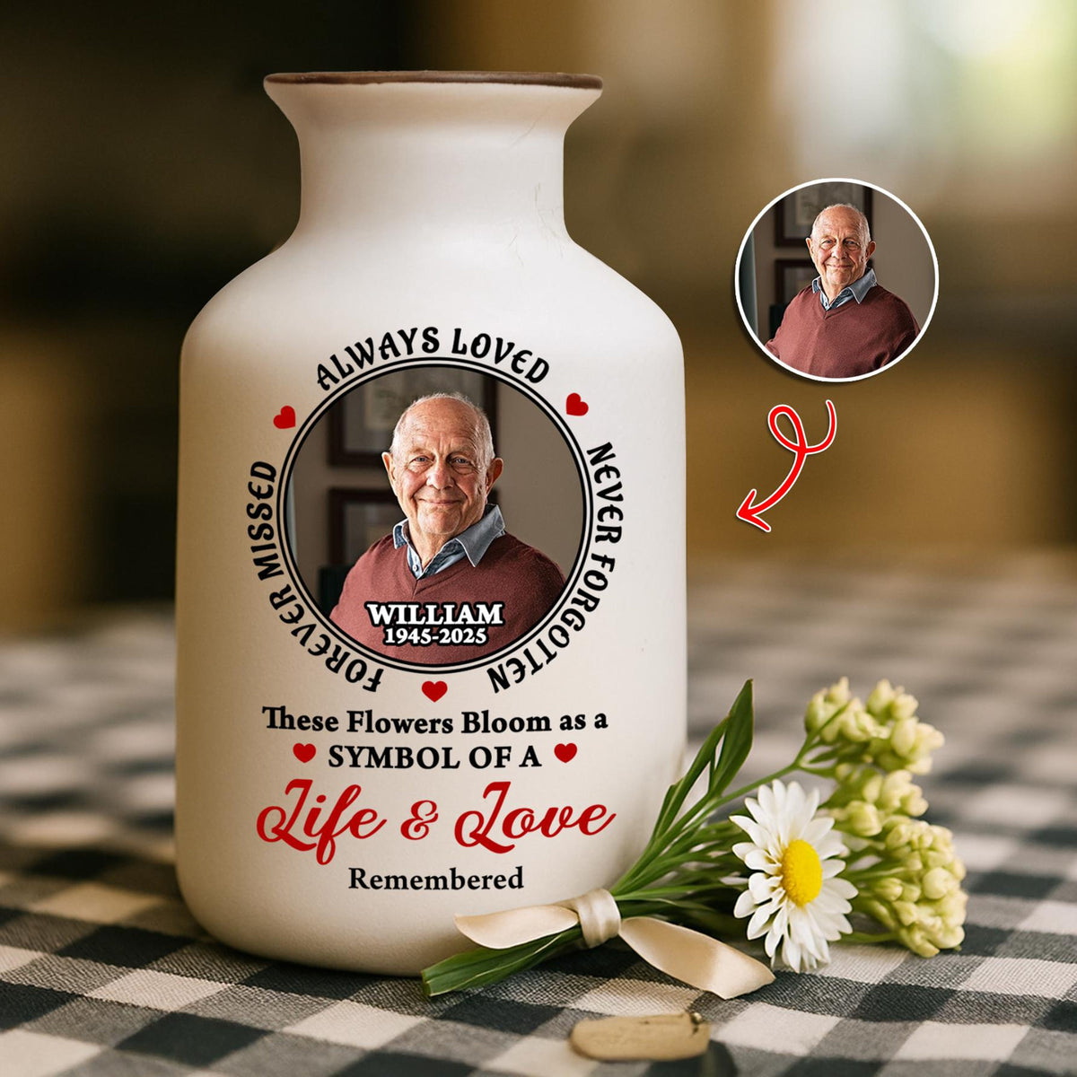Personalized Memorial Flower Vase, Custom Photo Sympathy Gift, White Ceramic Remembrance Vase, Always Loved Never Forgotten Keepsake