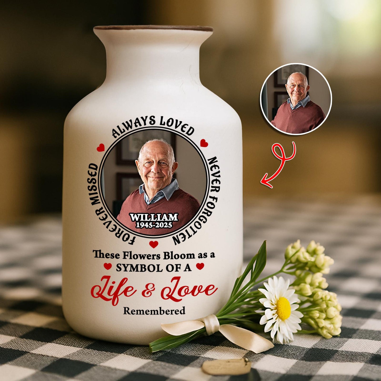 Personalized Memorial Flower Vase, Custom Photo Sympathy Gift, White Ceramic Remembrance Vase, Always Loved Never Forgotten Keepsake