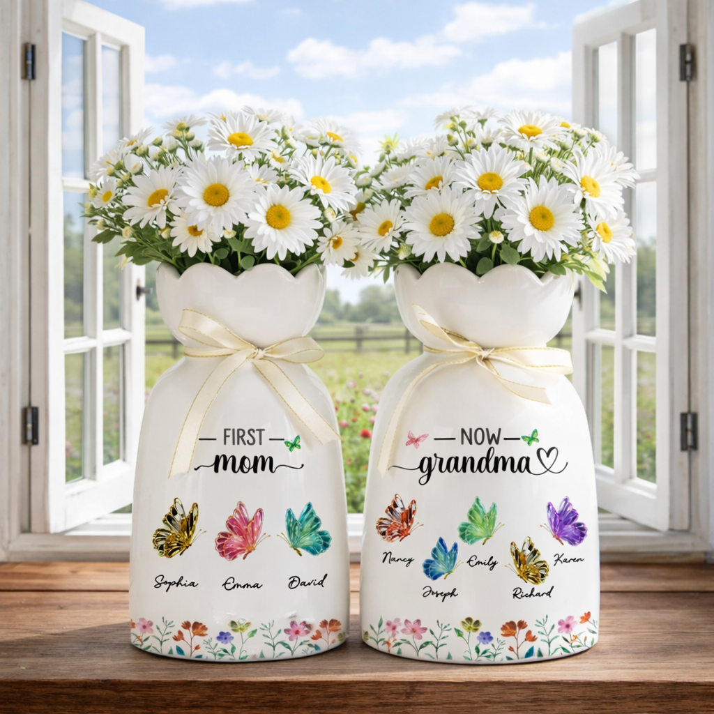 First Mom Now Grandma Butterflies - Personalized Bloom Vase - Gift For Grandma, Mom, Mother's Day Gift