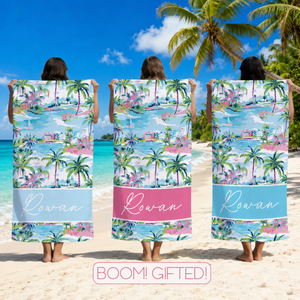 Custom Palm Tree Tropical Beach Towel, Custom Name Birthday Party Pool Towel, Bachelor Bath Towel, Vacation Gift for Girls, Beach Lover's Gifts