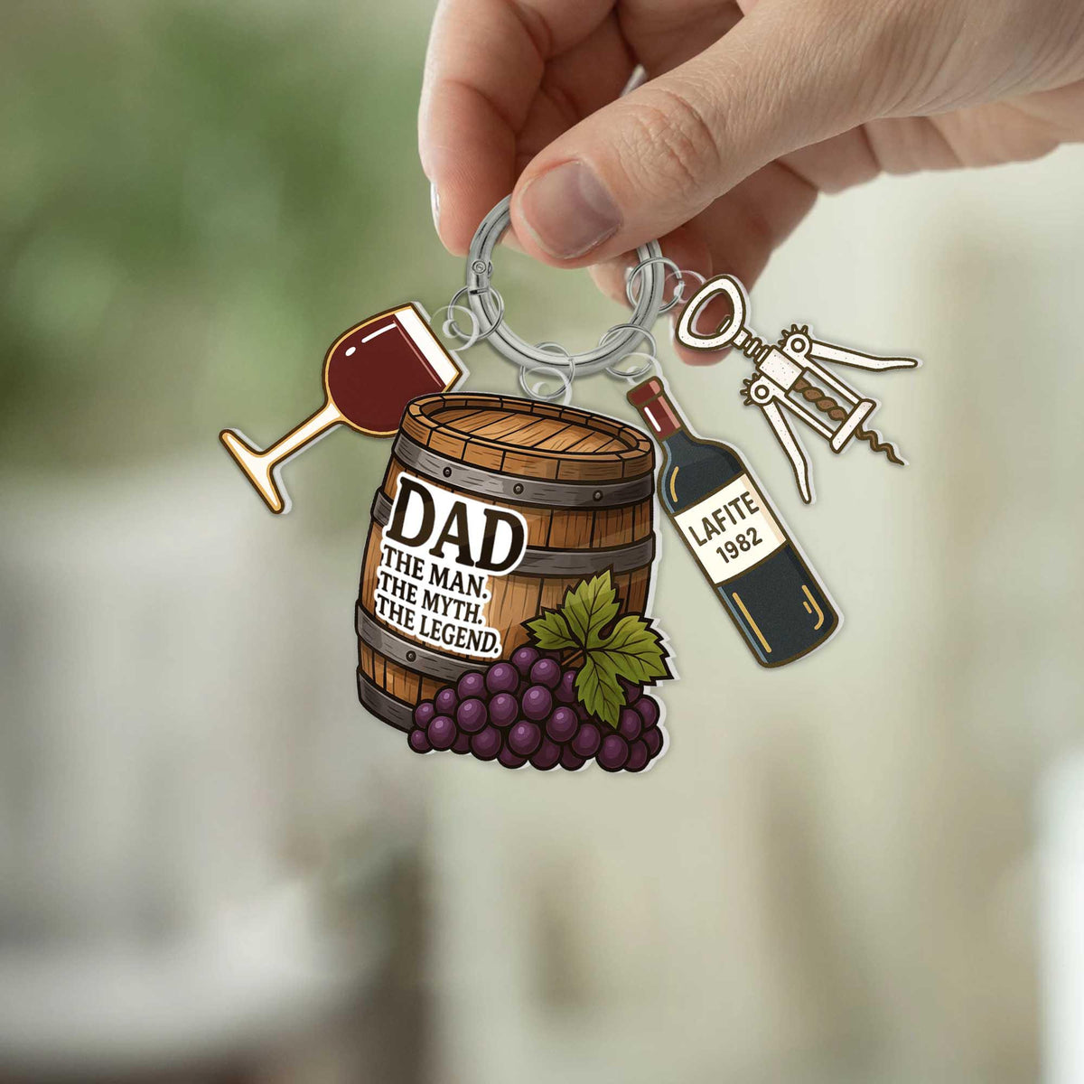 Dad The Man The Myth The Legend Keychain Gift, Wine Lover Charm Key Ring with Barrel, Corkscrew, Glass & Bottle, Father's Day Gifts