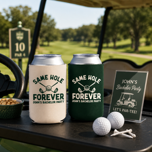 Same Hole Forever Bachelor Can Coolers, Personalized Golf Can Sleeves, Custom Golf Bachelor Party Favors, Bach Can Holder