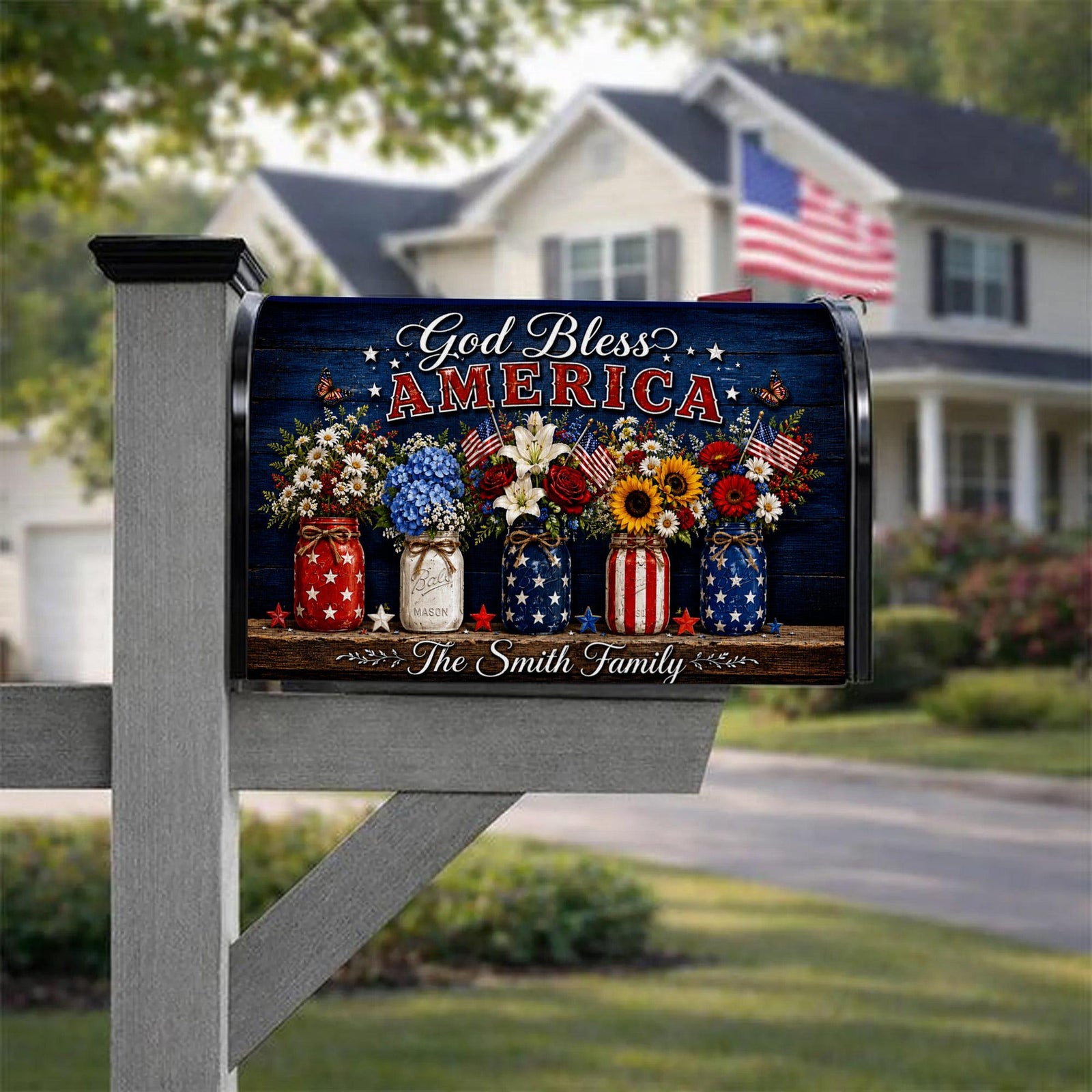 Personalized God Bless America Mailbox Cover, Patriotic Floral Mason Jar Custom Family Mailbox Wrap, 4th of July Yard Decor