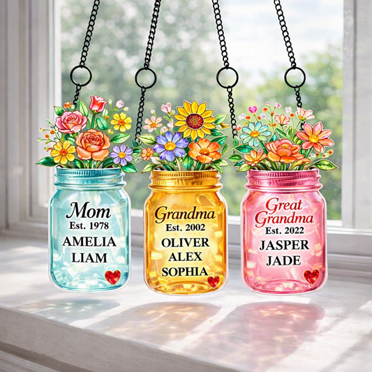 Mom Grandma Greatgrandma Flower Vase - Personalized Suncatcher - Heartfelt Gift for Mom, Grandma
