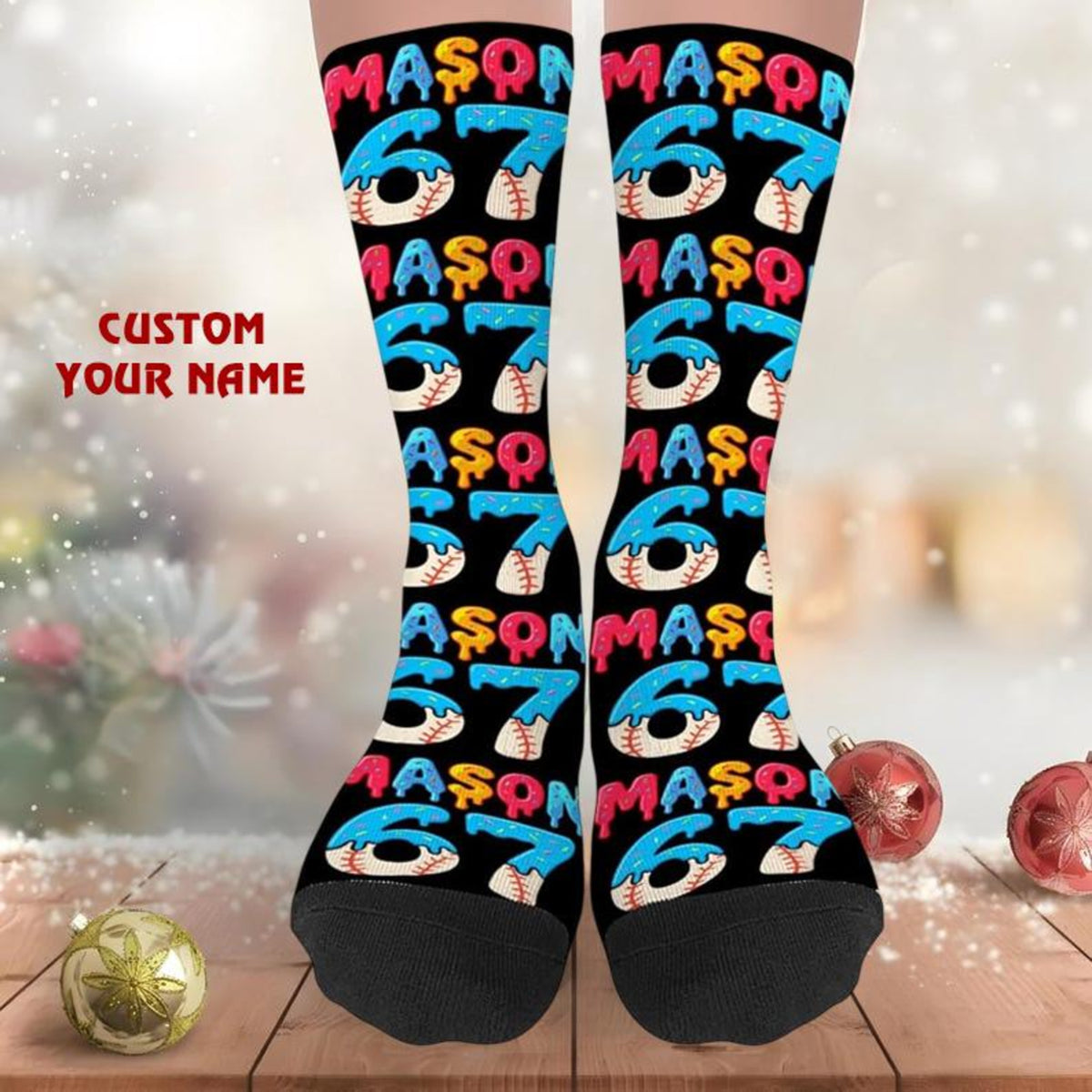 Custom Six Seven 6-7 Fun Meme Socks, 6-7 Meme Gift, 6-7 Funny Creams Drips Baseball Socks, Funny Christmas Gift