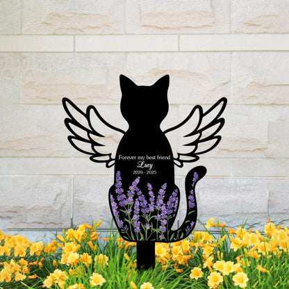 Personalized Cat Memorial Stake, Cat with Angel Wings Memorial Sign, Floral Cat Sign, Pet Loss Gift, Grave Marker, Pet Garden Sign