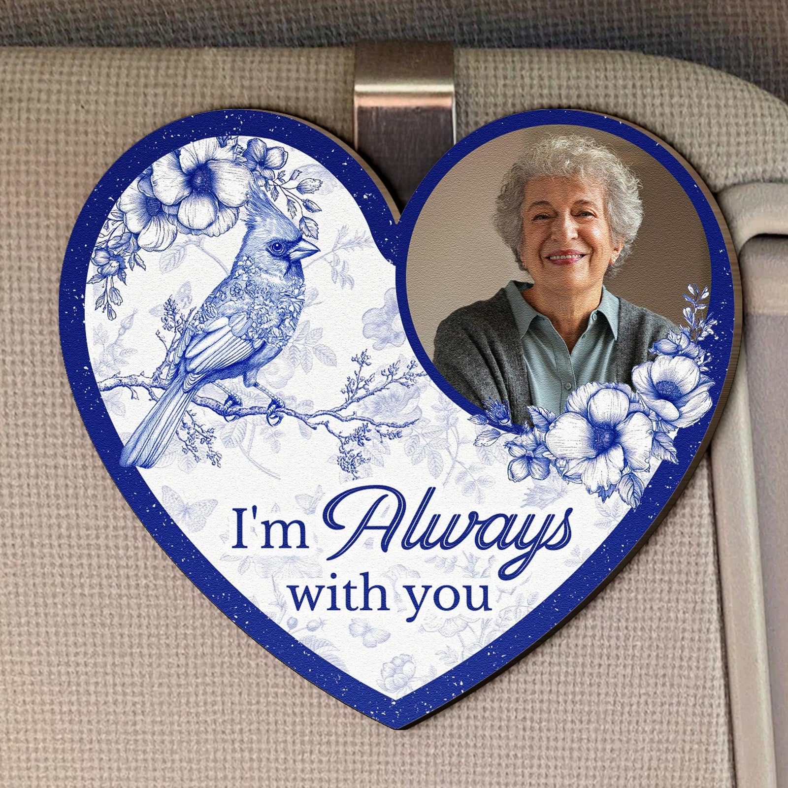Memorial Toile De Jouy Style I'm Always With You Personalized Wooden Photo Car Visor Clip, Gift For Dad, Personalized Picture Frame