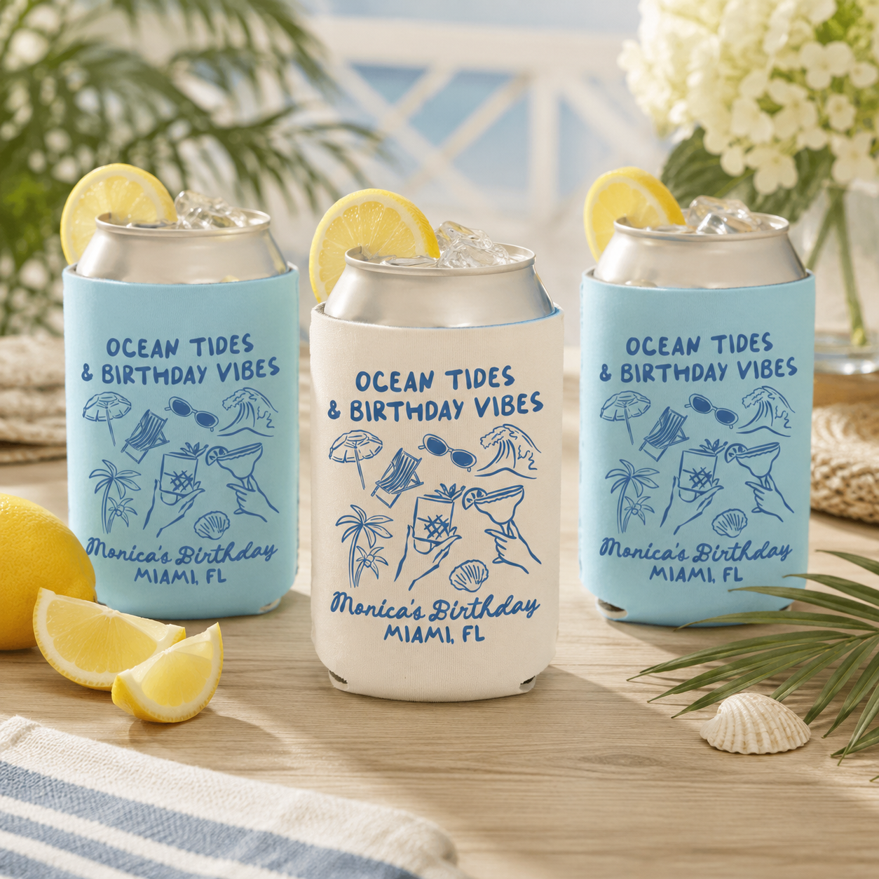 Ocean Tides & Birthday Vibes Birthday Can Cooler - Custom Beach Birthday Party Favors - Personalized Cozies in Regular and Slim Size